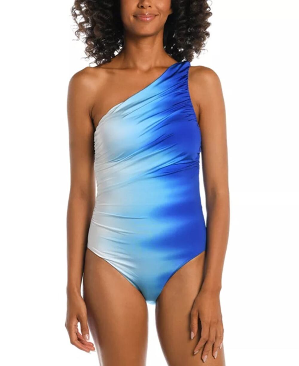 La Blanca Ocean Oasis Shirred One-Shoulder One Piece Swimsuit Blue White 12 NWT
